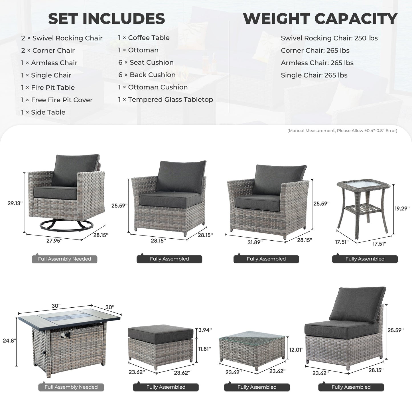 POUUIN Patio Furniture Outdoor Sectional Sofa Sets 10 Pieces no Assembly Required PE Wicker Big Size Patio Sofa with Cushion and Coffee Table