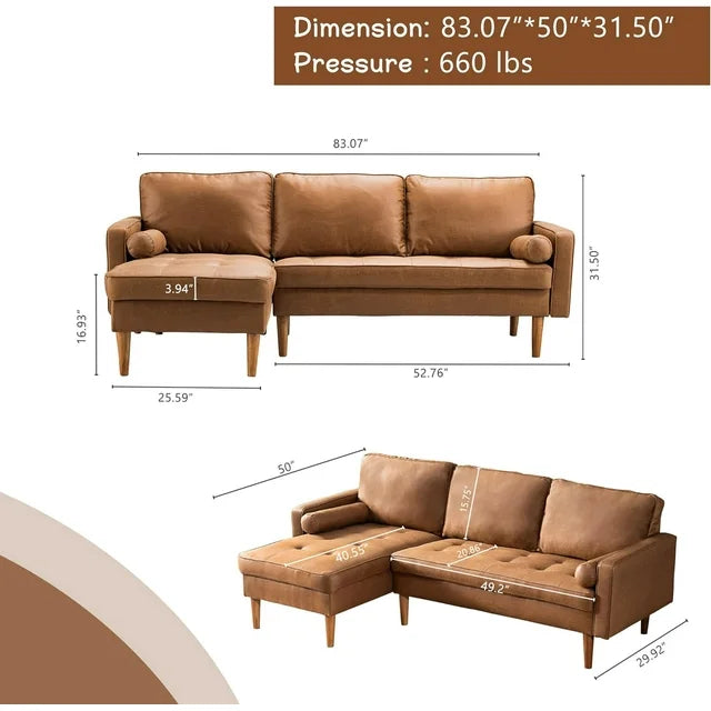 POUUIN L-shape Sectional Sofa Couch,3-seat Suede Fabric Sofa Modern Accent Couch Lounge for Small Spaces(Left Chaise,Light Brown)